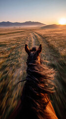 POV Shot from Galloping Horse Riding Into Breaking Dawn Across Vast Asian Steppe