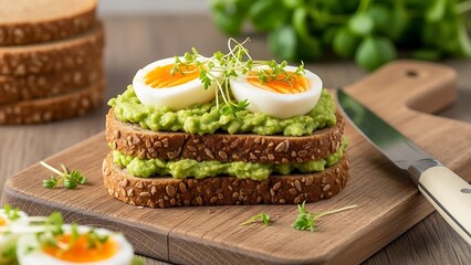 Nutritious Avocado and Hard-Boiled Egg Toast with Microgreens on Wooden Board