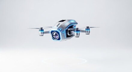 A futuristic drone with a sleek, metallic body and blue accents, flying in a white, empty space.