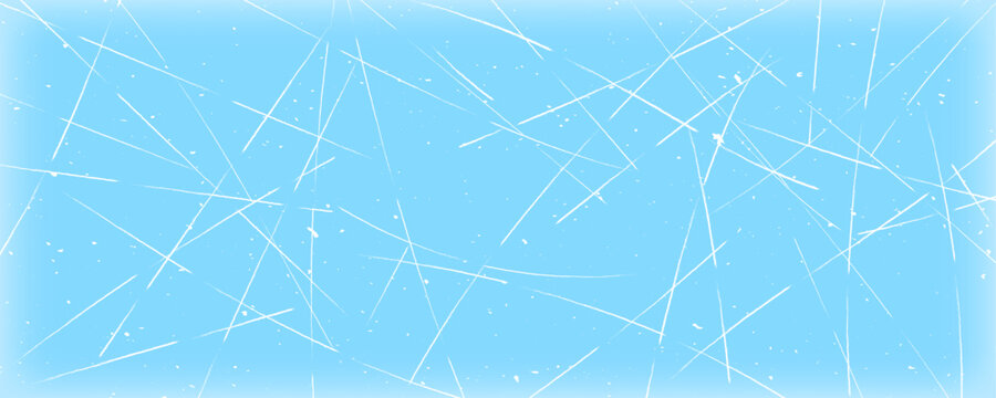 Scratched ice surface texture. Blue icy background with skate traces, cracks, scratches. Rough winter sport rink backdrop. Frozen lake or pond water wallpaper with dots, spot, lines, cuts. Vector