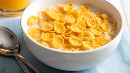 Classic Cornflakes Cereal with Milk and Orange Juice for a Healthy Breakfast