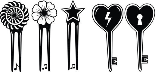 Ornate Hair Accessories Pin Stick Set Flower Star Heart Key Black White Music Note Decorative Jewelry Vector
