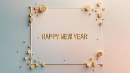 A pastel Happy New Year card design using gradient pink and blue, subtle golden polka dots arranged lightly around the border