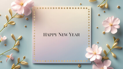 A pastel Happy New Year card design using gradient pink and blue, subtle flowers and golden polka dots arranged lightly around the border