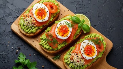 Gourmet Avocado Toast with Smoked Salmon, Boiled Egg, and Fresh Sprouts
