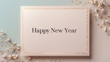 A pastel Happy New Year card design using gradient pink and blue, subtle flowers and golden polka dots arranged lightly around the border
