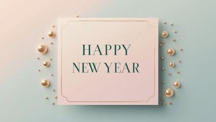 A pastel Happy New Year card design using gradient pink and blue, subtle golden polka dots arranged lightly around the border