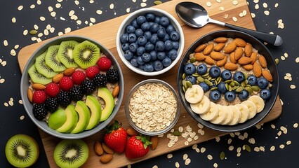 Vibrant Breakfast Bowls: Oatmeal with Fresh Berries, Kiwi, Banana, and Nuts