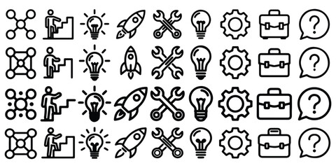 Fototapeta premium Business Innovation Outline Icons Set Line Art Style Lightbulb Rocket Gears Vector