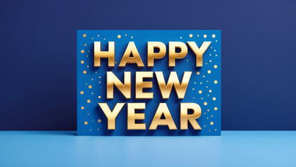 Happy New Year card featuring a smooth blue gradient that transitions from a light sky blue at the top to a deep navy blue surrounded by a scattering of small gold polka dots