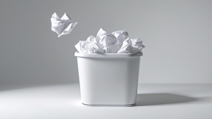 A crumpled paper flying to the wastepaper basket fulled with crumpled papers isolated on white background