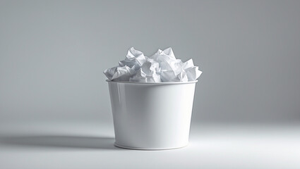 A wastepaper basket fulled with crumpled papers isolated on white background