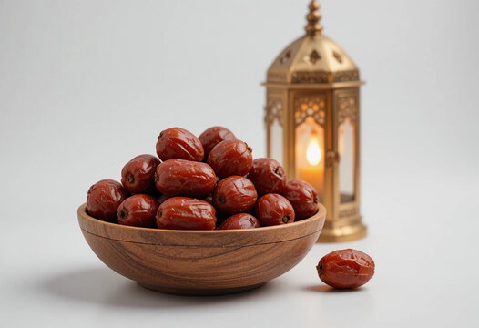 Dates in a wooden bowl and Lantern isolated on white background. It's perfect for Islamic holidays like Ramadan, eid al fitr, eid al adha. Ramadan background. 3d rendering.