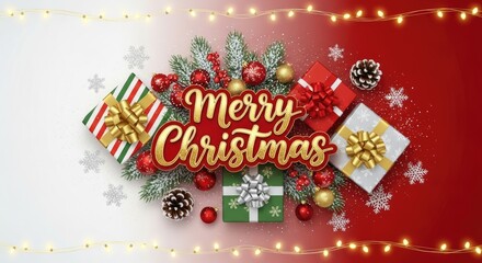 Christmas presents and decorations on a red and white background with snowflakes and lights.