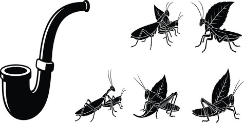 insect silhouettes with tobacco pipe, grasshopper and praying mantis, leaf wings, black vector icons, nature, pest, farm illustration © jamiul
