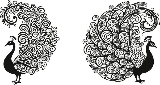ornamental peacock illustration set, decorative tail feathers, henna style pattern, elegant bird silhouette, ethnic design, tattoo, luxury decoration art