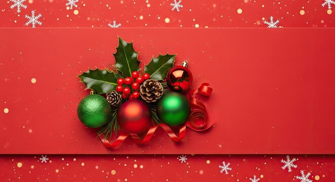 Christmas decorations on a red background with snowflakes and glitter. - Powered by Adobe