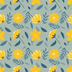 Seamless Floral Pattern with Yellow Flowers and Dusty Blue Leaves