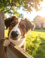 Dog peers over wooden fence in sunlight with home in background