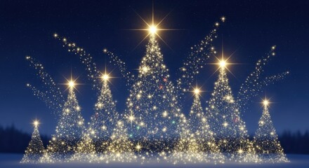 Christmas tree with star and snowflakes against a dark blue sky.