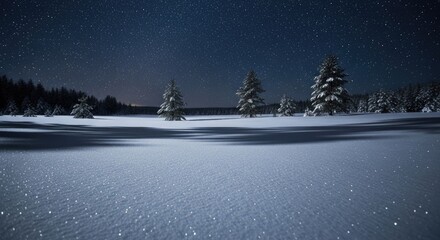 Naklejka premium A serene winter landscape with snow-covered trees and a starry night sky.