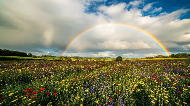 Vivid countryside landscape with bright rainbow arching above colorful wildflowers, 4K time-lapse background featuring glowing skies, gentle light transitions, and calm cinematic spring atmosphere