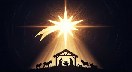 A silhouette of a nativity scene with a star shining above, featuring a manger, animals, and a stable.