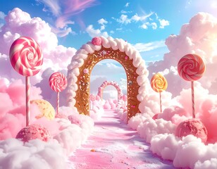 Dreamy fantasy scene with candy, clouds, and an arched path