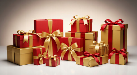Fototapeta premium Premium Christmas gift boxes wrapped in matte red and gold paper with flawless satin ribbons on a clean studio background