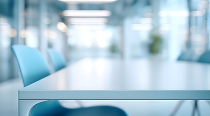 A modern office space featuring a sleek table and blue chairs, ideal for teamwork and collaboration in a professional environment.