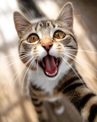 Naklejka premium A playful and curious cat with vibrant eyes, showcasing its lively personality in a warm, inviting environment.