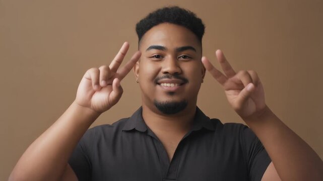 Young plus-size man demonstrating expressive hand gestures inspired by sign language in a clean studio setting, highlighting communication, inclusivity, and modern visual storytelling.