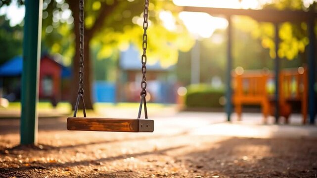 Empty swing set at playground in sunlight conceptual leisure recreation