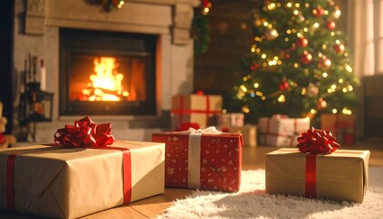 Cozy Christmas scene with gifts, fireplace, and festive tree