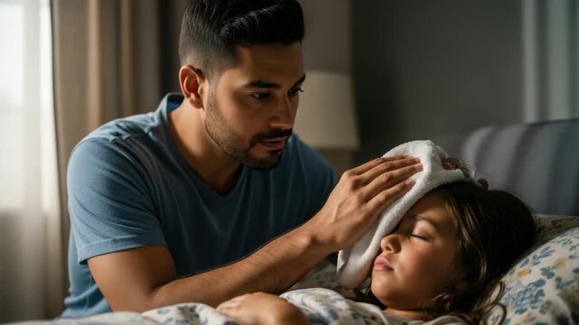 A father checks his daughter's temperature at home as she rests in bed during the morning hours