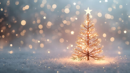 Enchanted Miniature Christmas Tree in Snow with Bokeh Lights