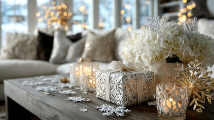 Festive holiday table with gifts, flowers, and candlelight decorations in cozy setting.