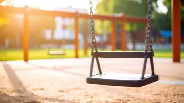 Empty swing set in park with sunlight and blurred green background