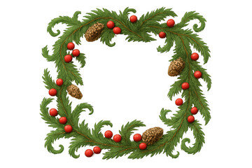 Christmas wreath frame creating festive evergreen border with vibrant red berries and natural pinecones on transparent background