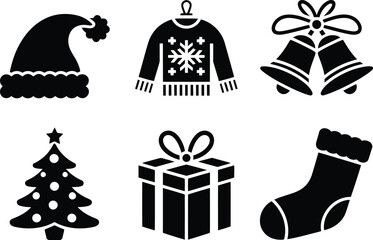 Black silhouette icons of classic Christmas holiday symbols on a plain white background