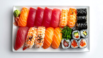 Assorted platter of fresh sushi and maki rolls, featuring salmon, tuna, shrimp, and avocado, a delicious Japanese culinary delight