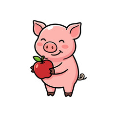 Fototapeta premium Cute cartoon pig character holding a ripe red apple, illustration with happy expression