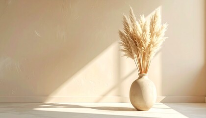 Pampas grass arrangement against textured wall with diagonal sunlight