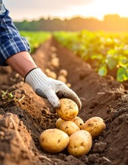 Farmer in glove harvesting potatoes in a field during golden hour