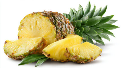Whole Pineapple with Green Leaves and Half Cut Showing Juicy Yellow Flesh Slices