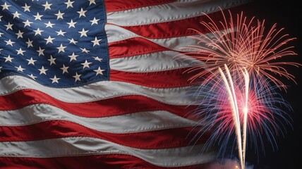 Vibrant patriotic fireworks illuminate a waving American flag against the dark night sky backdrop