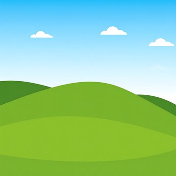 Cartoon landscape rolling green hills under a bright blue sky with clouds