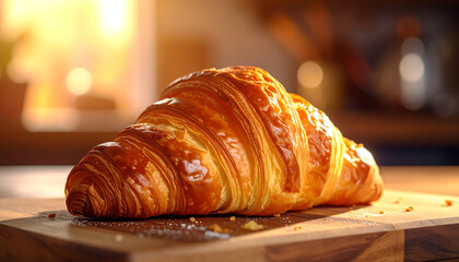 Golden-brown croissant baked to perfection, capturing the essence of a delicious pastry on a wooden surface with soft, warm lighting highlighting its flaky layers