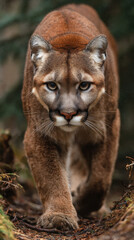 Puma Cat Walking in Forest Viewed from Front with Intense Focus