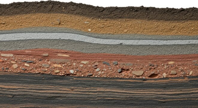 A cross-section of a geological formation, showing layers of sedimentary rock, sand, and gravel.
